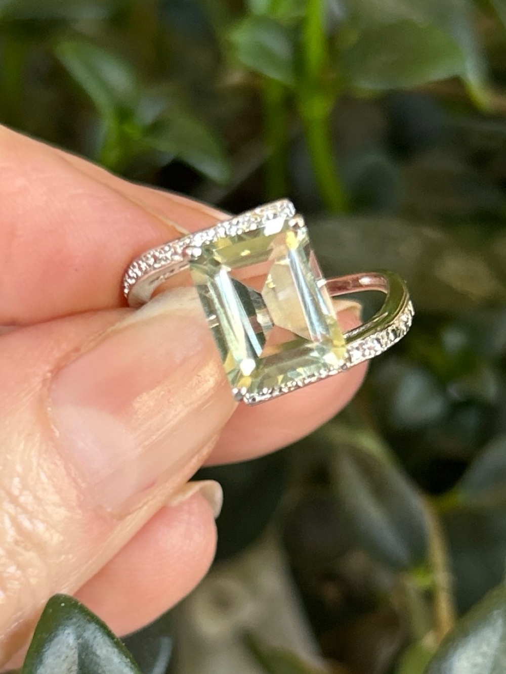 Sterling Silver Green Amethyst and Natural Diamond Halo Split Shank Ring